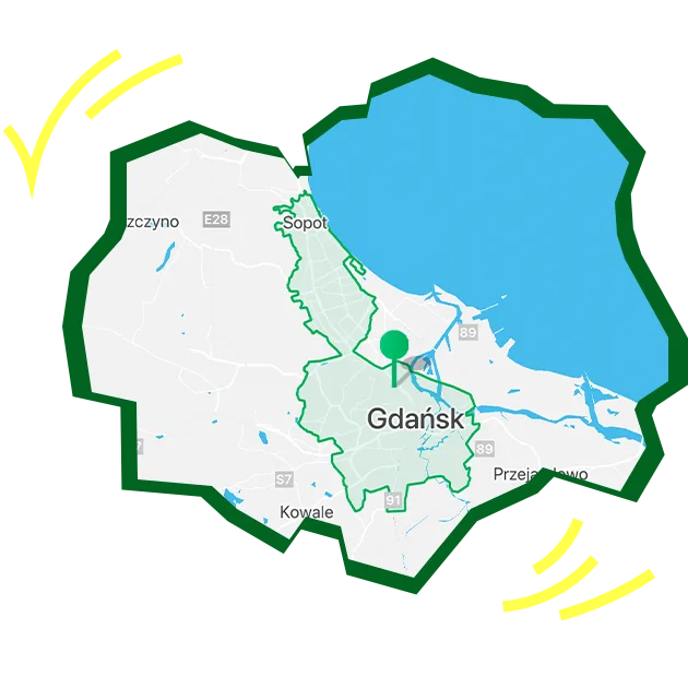 mapa obszaru dostawy zakupów w 15 minut żabka jush w gdańsku