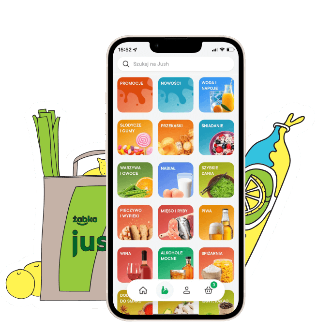 grafika torby zakupów z logo jush! obok telefonu z ekranem aplikacji